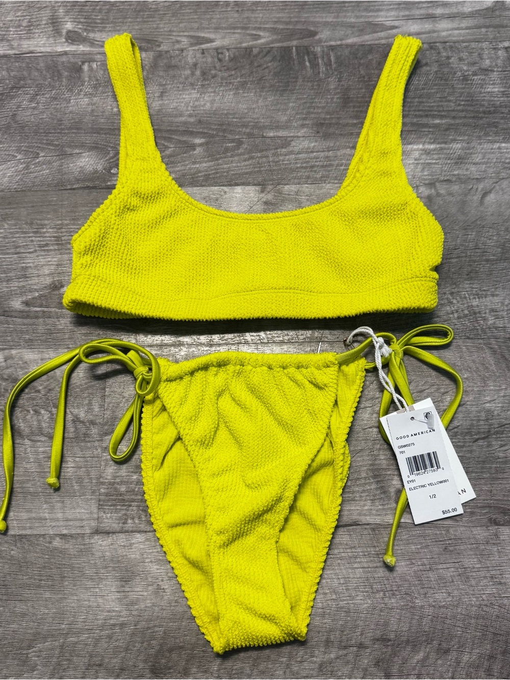 Good American Always Fit Electric Yellow Bikini Set Scoop Top Cheeky NWT Sz. 1/2